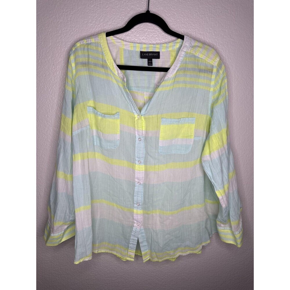 Lane Bryant Pastel Striped Button-Front Blouse - Yellow, Light Blue